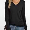 Womens V Neck Long Sleeve Shirts Banded Bottom Cute Loose Fit Tops Dressy Casual Outfits for Fall Spring (Black)