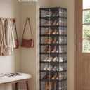SONGMICS Foldable Shoe Storage Organizer for Closet, Stackable Sneaker Cabinet with Magnetic Door, Large Plastic Container Bins for Entryway, 9-Tier for 18 Pairs, Transparent and Ink Black ULSP918BH01