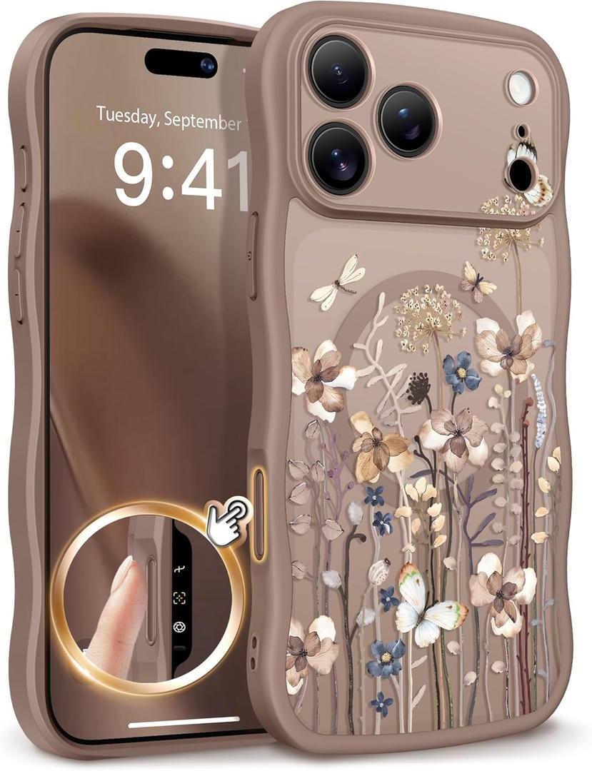 GVIEWIN for iPhone 17 Pro Case Compatible with MagSafe [Curly Wave Edge][Full Camera Protection] Floral Translucent Shockproof Magnetic Women Phone Case for iPhone 17 Pro 6.3'', Autumnflit/Brown