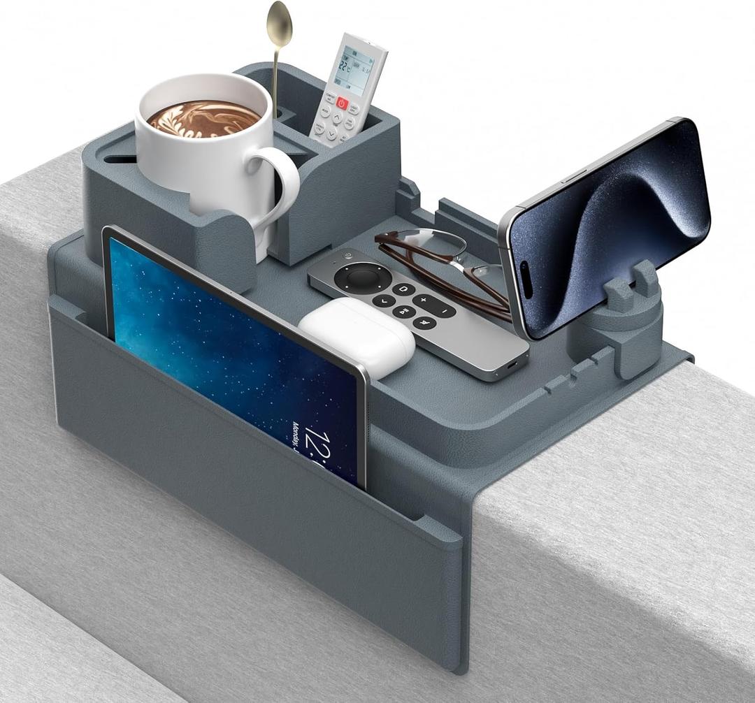 Couch Arm Cup Holder CLESOO Couch Arm Tray Anti-Slip Couch Cup Holder Silicone Sofa Armrest Tray Dual Side Pocket Couch Drink Holder Sofa Caddy Arm Remote Holder Snack Caddy with Phone Holder, Blue