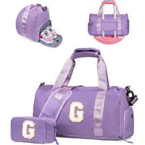 Gifts for 4 5 6 7 8 9 10 Year Old Girls-Girl Gym Bag with Shoe Compartment, Kid Personalized Weekender Overnight Bags, Initial Travel Tote with Makeup Pouch, Gift for Daughter (Letter G) (Solid Purple)