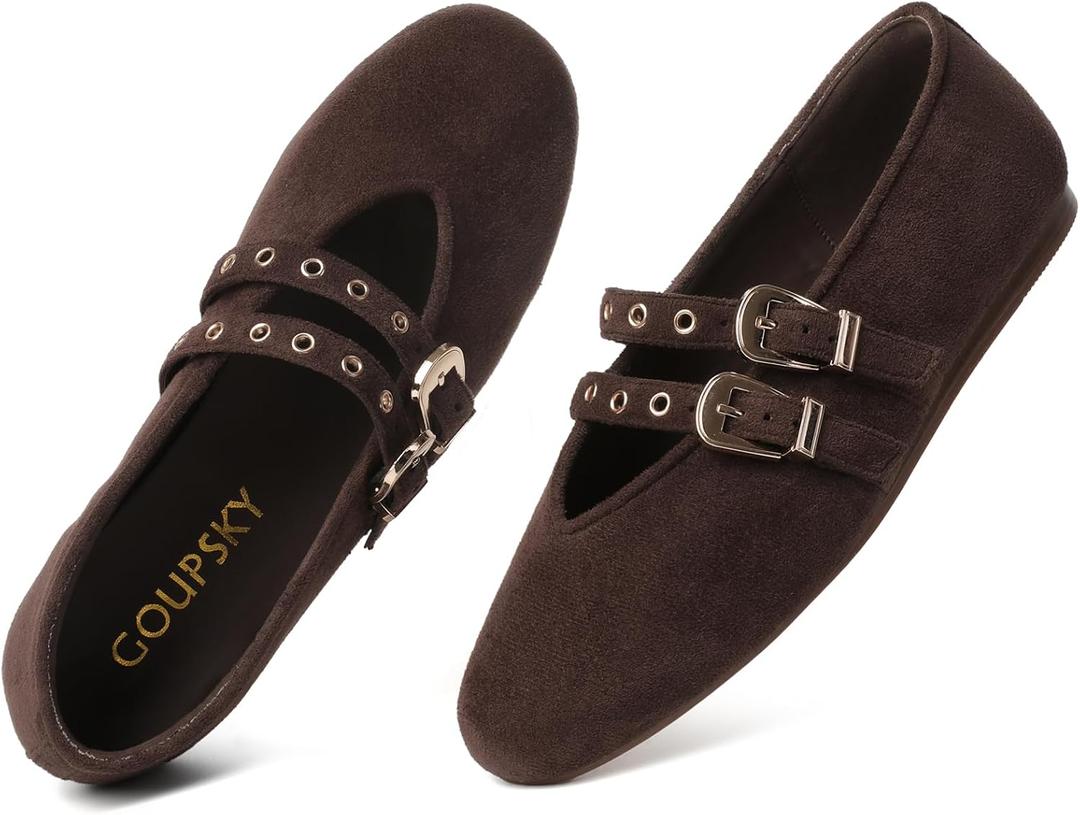 Mary Jane Shoes for Women Mesh Ballet Flats with Adjustable Double Buckle Strap Comfortable Slip On Dress Shoes for Daily