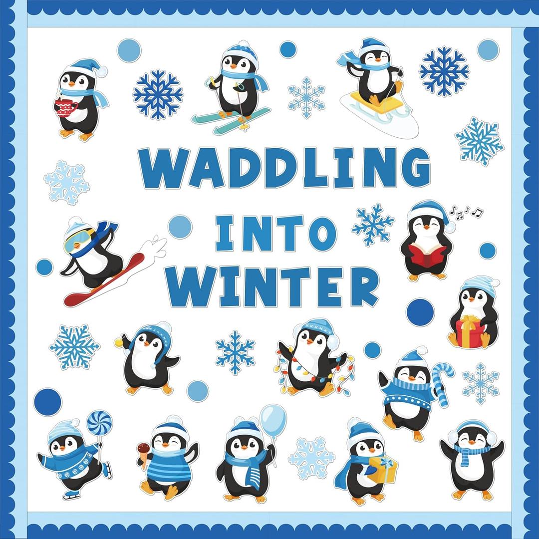 BelleAngle Winter Bulletin Board Decorations Set, Penguin Waddling Into Winter Christmas Classroom Decor Snowflake Cutouts for Holiday School Classroom Home Window Wall Door Decorations