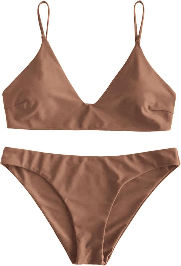 ZAFUL Women's Solid Spaghetti Strap Bralette Bikini Set Two Piece Swimsuit (Large, 1-brown)