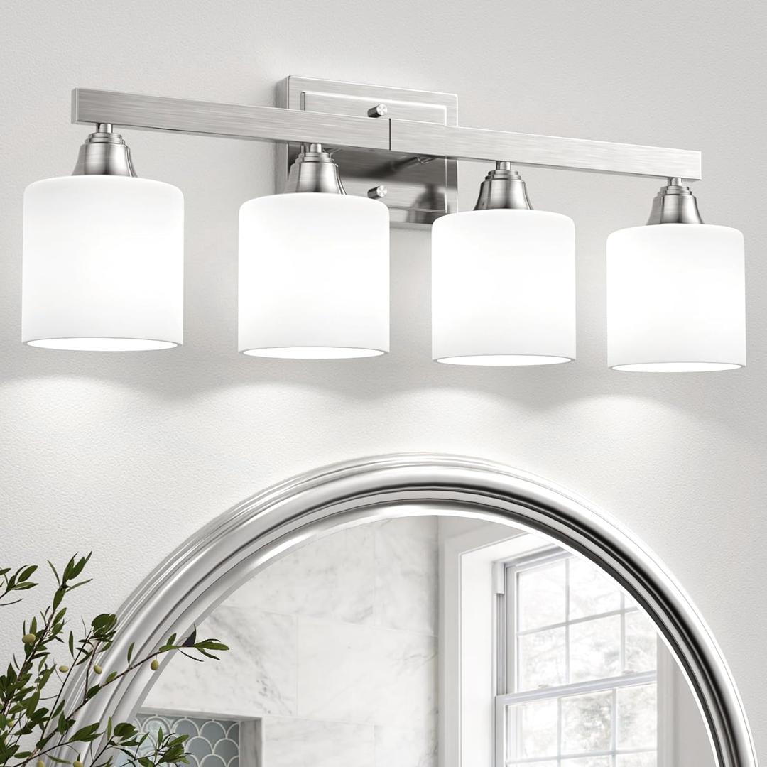 VOLISUN 4-Light Bathroom Light Fixtures, Brushed Nickel Bathroom Vanity Light Over Mirror, Modern Vanity Light for Bathroom with Milky White Frosted Glass Shades (Bulbs Excluded)