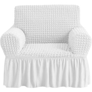 NICEEC Armchair Slipcover White Armchair Covers 1 Piece Easy Fitted Sofa Couch Cover Universal High Stretchable Durable Furniture Protector with Skirt Country Style (1 Seater White) (Small, White)