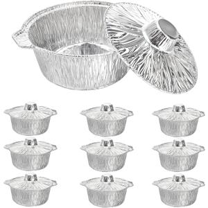 Frcctre 10 Pcs Disposable Aluminum Pot with LidS, Disposable 2 Liter Round Aluminum Foil Pan Food Container for Camping Vacation Trips Picnic Heating Cooking
