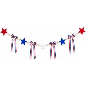 QCWN 5.58ft 4th of July Patriotic Garland 4th of July Decorations, Red White and Blue Wooden Star Bead Banner with Ribbon Bows, Rustic Farmhouse Independence Day Memorial Day Mantel Fireplace Wall