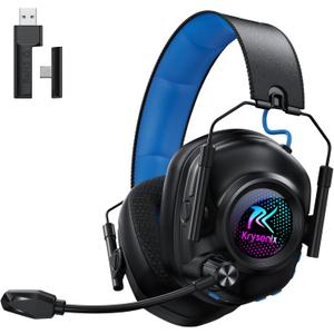 Krysenix Wireless Gaming Headset with Noise Canceling Microphone for PC, PS5, PS4, Switch, Mac, 2.4 GHz Wireless & Bluetooth 5.4 Gaming Headphones, Cool RGB Lighting, 50Hr Battery, 50mm Drivers (Blue)