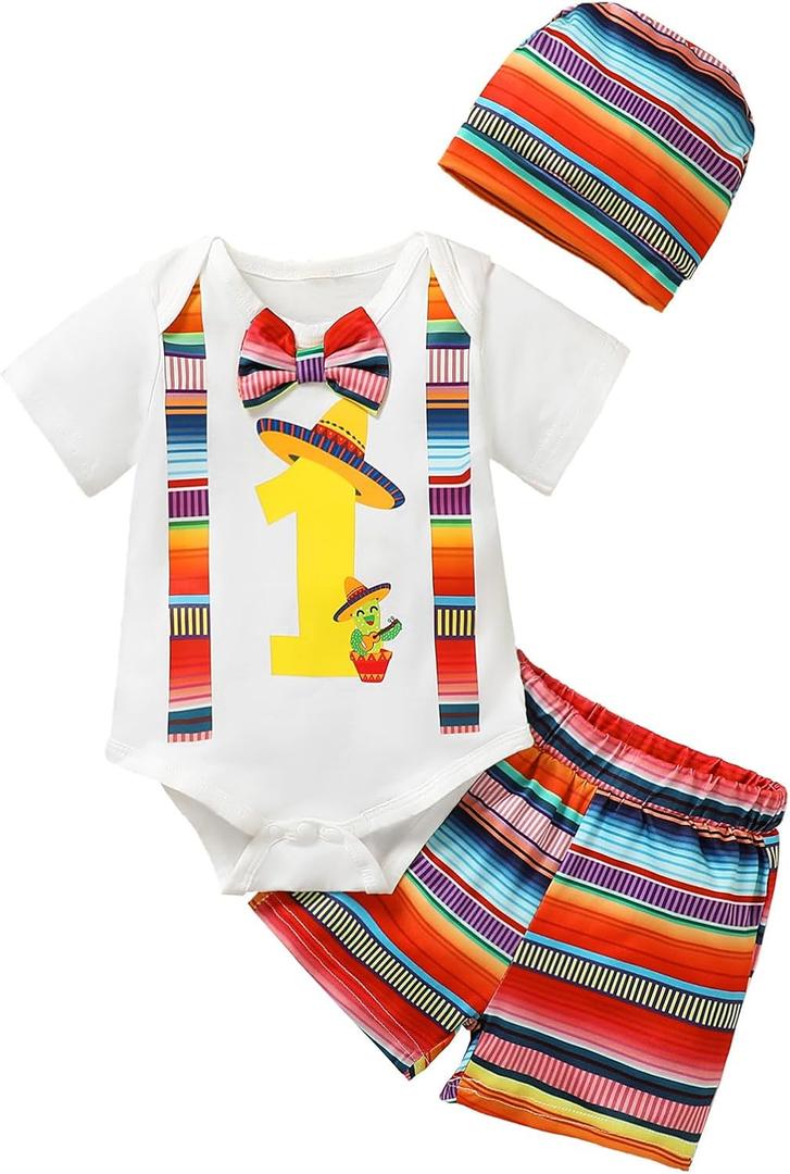 Mexico Themed Boy's 1st Birthday Outfit - One Year Old Infant Shorts Set (12-18 Months, White)