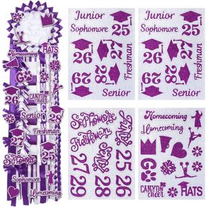 48 Pcs Homecoming Mum Glitter Cut Out Sticker Senior Die Cut Stickers Homecoming Mum Supply Prom Corsage Placard Flowers Embellishment Centerpiece Accessories Game Dance Decor(Purple Silver)