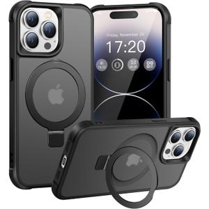 Magnetic Ring Stand Case for iPhone 14 Pro Max - 120 rotatable Stand, N52 Magnet, Non-Slip, Matt Transparent Back, Easy to Clean, Shockproof, Military Standard Drop Protection (Black)