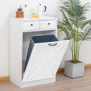 13 Gallons Tilt Out Trash Cabinet, Hidden Trash Can Cabinet Wooden Free Standing Kitchen Trash Recycling Cabinet with Drawer for Kitchen (White)