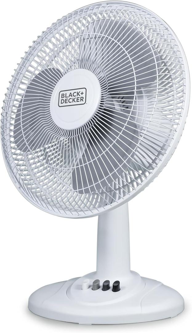 BLACK+DECKER Desk Fan for Home and Office, 12 Fan with 3 Speed Settings, Oscillating Portable Fan for Office Desk, Table Top and Kitchen Table with Adjustable Tilt, White