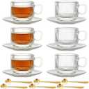 Atarvana 6 Pack Glass Tea Cups and Saucers Set with Spoons, Glazeal Stackable 5.41oz/160ml Heat-Resistant Espresso Cups, Transparent Tea Glass for Cappuccino, Latte, Cafe and Home Kitchen Use