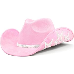 Keilin Rhinestone Cowgirl Hat Disco Cowboy Hat Felt Western Nashville Bachelorette Party Hat for Teens and Adults (6 3/4-7 3/8, Pink)