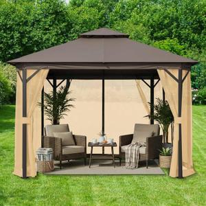 Tatuo Gazebo Universal Replacement Mosquito Netting 10 x 10 ft Outdoor Mesh Net Screen 4 Panel Sidewall Gazebo Curtains, with Zipper for Patio Canopy Porch Garden Camping (Brown)