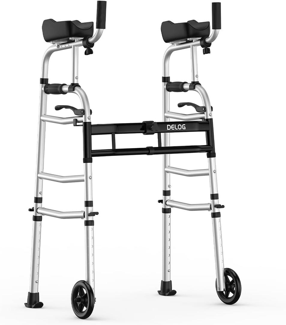 Delog Folding Walker for Senior - Platform Walker with 5 Wheels and Removable Padded Armrests 350lbs, Lightweight Walking Mobility Aid, Standard Walker for Elderly (Black)