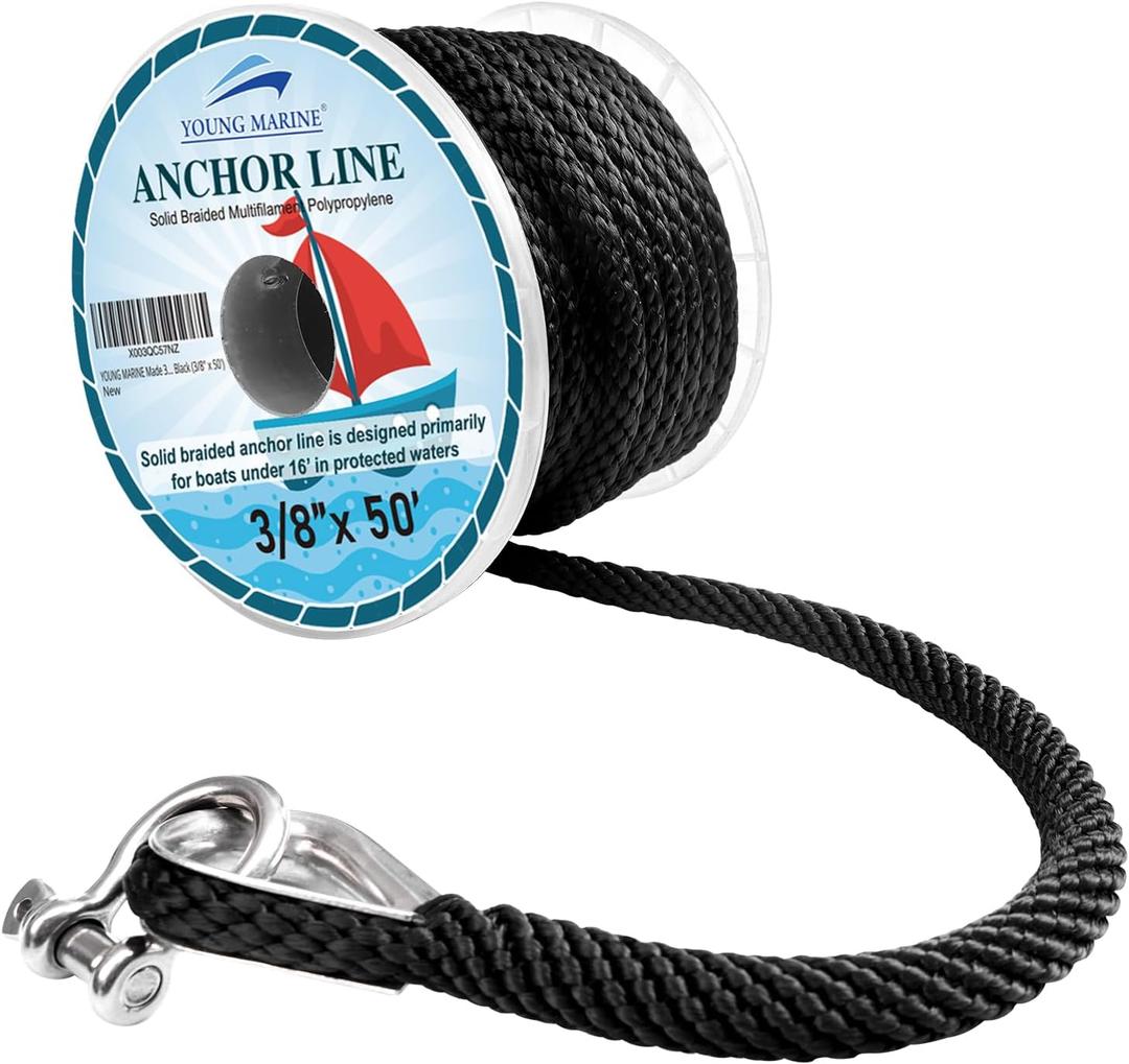 YOUNG MARINE Made 3/8 Inch 50FT 100FT 150FT Premium Solid Braid MFP Anchor Line Braided Anchor Rope/Line with Stainless Steel Thimble and Shackle, Black (3/8" x 50')