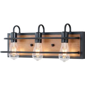 Farmhouse 3-Light Bathroom Light Fixtures, Industrial Black Vanity Lights for Mirror with Faux-Wood Color Finish, Rustic Vintage Indoor Wall Mounted Lighting for Bedroom, Kitchen, Living Room,Cabinets