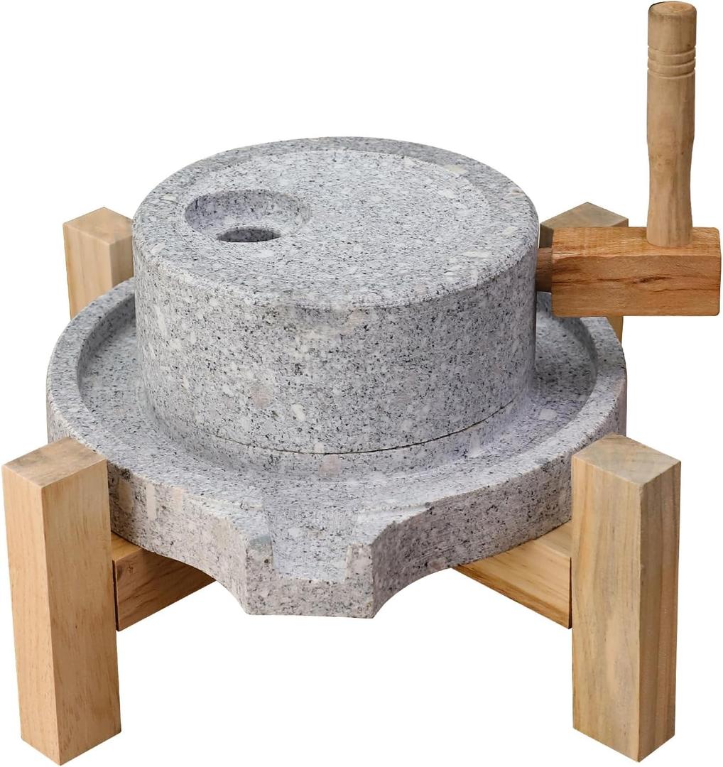 Artisanal Natural Stone Grain Mill (Solid Wood Base) - Household Grinder for Wheat/Spices & Coffee Beans, Ideal for Breads & Tortillas (7.87x11.8 Inches)