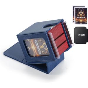 MTG Deck Box, Double Display Window MTG, Commander Deck Box Fits 120+ Single Sleeved Cards, PU Leather Magnetic Closure Card Box with 2 Dividers&2 Toploaders for TCG, CCG, Blue