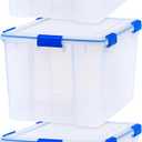 IRIS USA WeatherPro 74 Qt Storage Bins with Lids, 3 Pack, BPA-Free Plastic Gasket Box with Tight Latch and Seal, Stackable Nestable Tote Tub - Clear/Blue