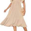 AUSELILY Women's Summer Empire Waist Dress Smocked Flutter Short Sleeve V Neck Midi Dresses 2025 New, Large, Apricot