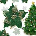 Jim's Cabin Artificial Flowers Pack of 12 Glitter Poinsettias for Christmas Tree Ornaments Butterfly Christmas Gold Decorations (Green)