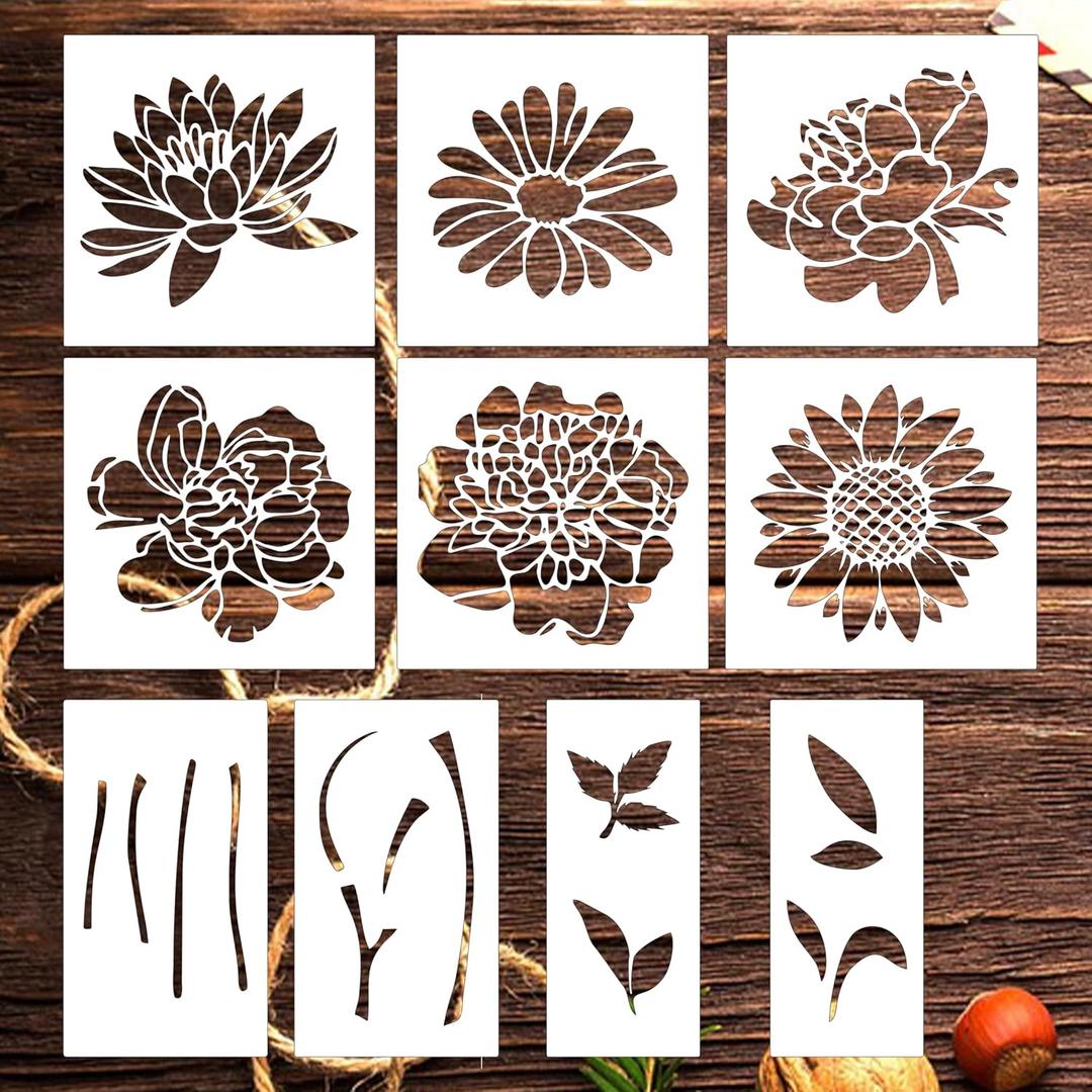 2 x Large Flower Stencils Set, 12 x 12 Inch, 10 Pieces, DIY Art Templates for Walls, Wood, Fabric, Garden