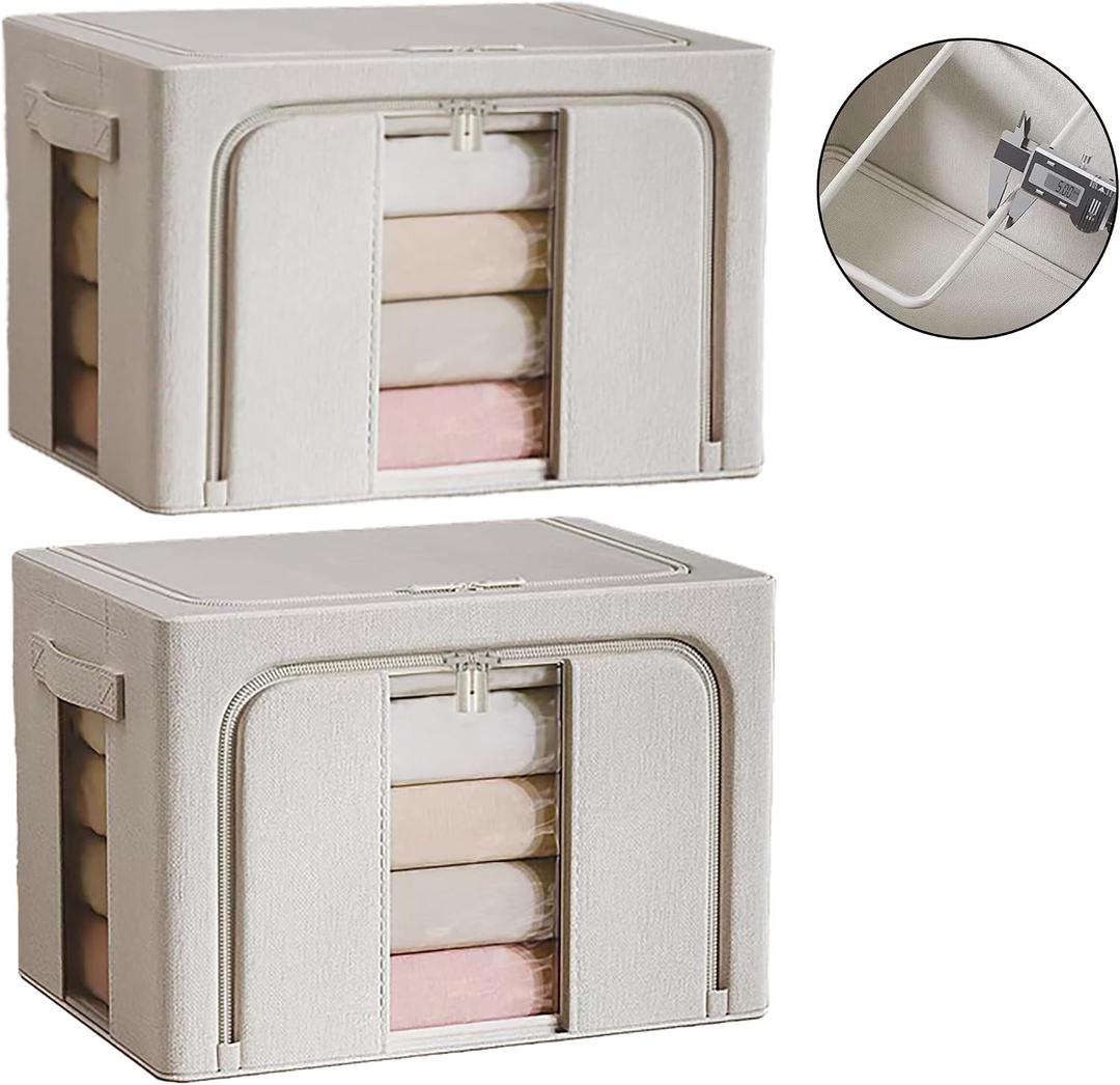 Clothes Storage Bins, 2 Pack Bedding Organizers with Handles, Stackable Metal Frame Closet Organizer, Visable Windows, Clothing Organization for Sweatshirt, Blanket, Long Dresses, (66L Cream White)