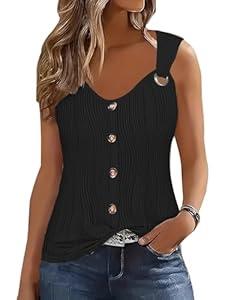 ETCYY Summer Tank Tops for Women 2025 Loose Fit Spring Outfits Lace Striped Tee Button Down Sleeveless T Shirts, LIU Black, Large