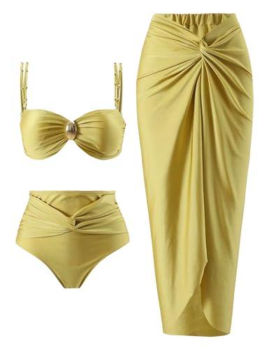 YUNIDMEIM 3 Piece Swimsuits for Women Retro Bikini Set Beach Wrap Skirt High Waisted Bikini Sets for Women Tummy Control, Large, Ginger yellow