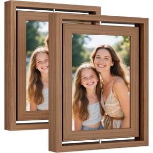 2 Pack 5x7 Walnut Rotating Floating Picture Frames, Double-Sided Solid Wood Photo Frame with HD Glass, Shatterproof, Fade Resistant, UV Protection, Vertical or Horizontal Tabletop Display