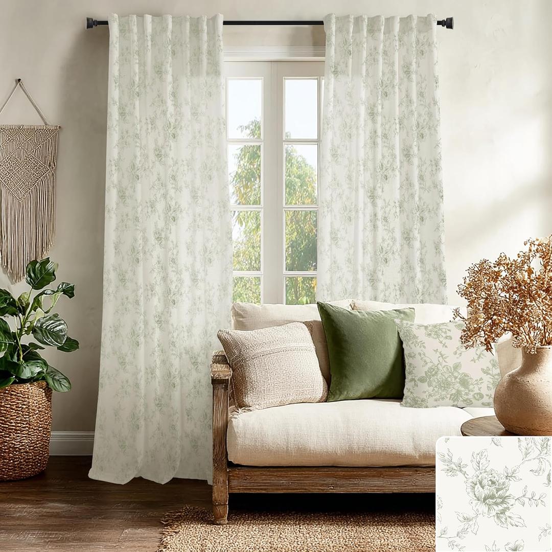 Sage Green Printed Patterned Curtains,Spring Floral Botanical Linen Light Green Sheer Vine Leaf Curtains for Living Room Bedroom 84 Inches Long (50"W x 84"L (Pack of 2))
