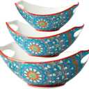 LAUCHUH Serving Bowls with Handles, Bohemian Porcelain Serving Dishes for Entertaining Colorful Nesting Bowls Salad Bowls for Kitchen, Thanksgiving, Christmas, Set of 3, 15/28/49 oz, Blue and Red