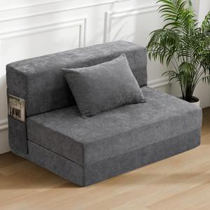 HOMFINE Folding Sofa Bed - Convertible Sleeper Chair with Pillow, Fold Out Couch, Memory Foam Floor Mattress, Futon Couch, Lazy Sofa for Living Room/Dorm/Guest Room/Home Office, Twin, Grey