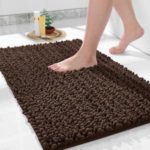 Yimobra Bathroom Rug Mat 24 x 17, Extra Soft Non Slip Absorbent Water Bath Rug, Quick Dry Machine Washable Chenille Shaggy Shower Mat, Bath Mat for Bathroom Floor, Home Decor Accessories, Brown