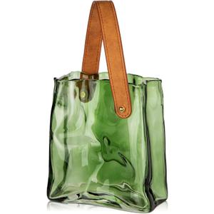 Glass Purse Vase for Flowers Green Vases for Centerpieces Glass Bag Vase with Leather Handle Small Handbag Vases for Decor Decorative Fish Bowl for Home Wedding Decor