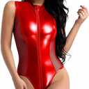 Leather Bodysuit Sexy One Piece Swimsuits Shiny PVC Jumpsuits Zip Up Leotard Sheer Teddy Outfit Lingerie Clubwear (Red, M)
