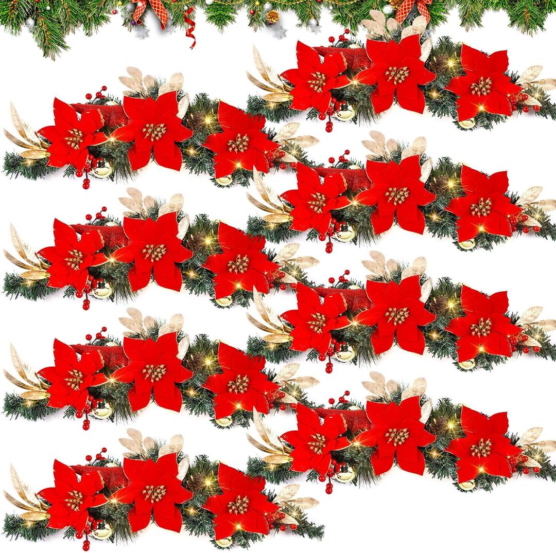Norme 8 Pack 30 Inch Christmas Window Swags with Lights, Large Christmas Poinsettia Swag for Front Door, Fireplace Decoration, Artificial Xmas Decor for Mantel Wall Lintel Indoor Outdoor (Red)