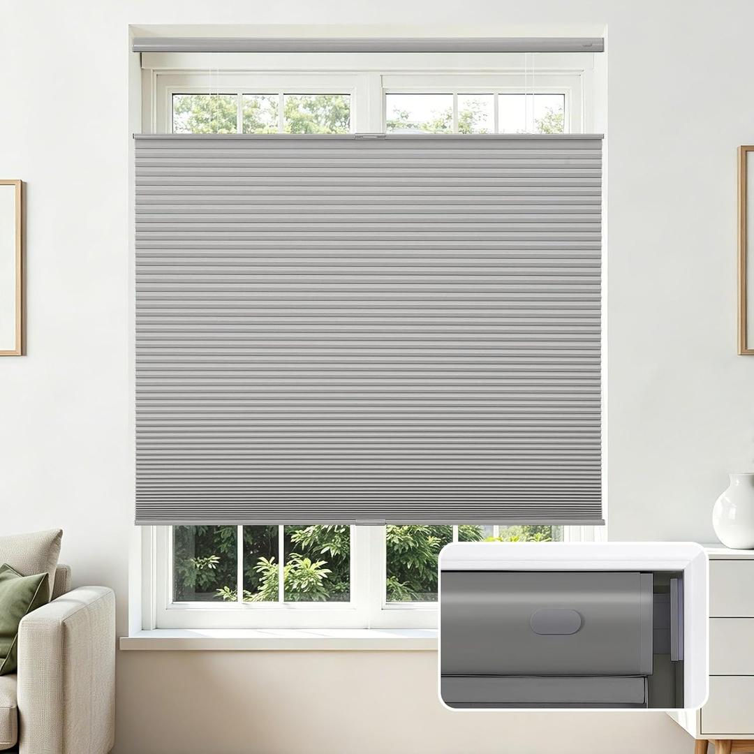 Joydeco No Tools No Drill Blinds for Indoor Windows, Cordless Window Blinds Cellular Shades Top Down Bottom Up Blackout Honeycomb Blinds Thermal Insulated Noise Reduction (Grey, 33" W x 64" H)