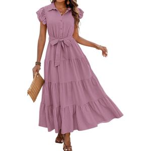 dowerme Women's Summer Casual Dresses 2026 Cap Ruffle Sleeve V Neck Button Belted Tiered Boho Maxi Dress with Pockets(Light Purple, Medium)