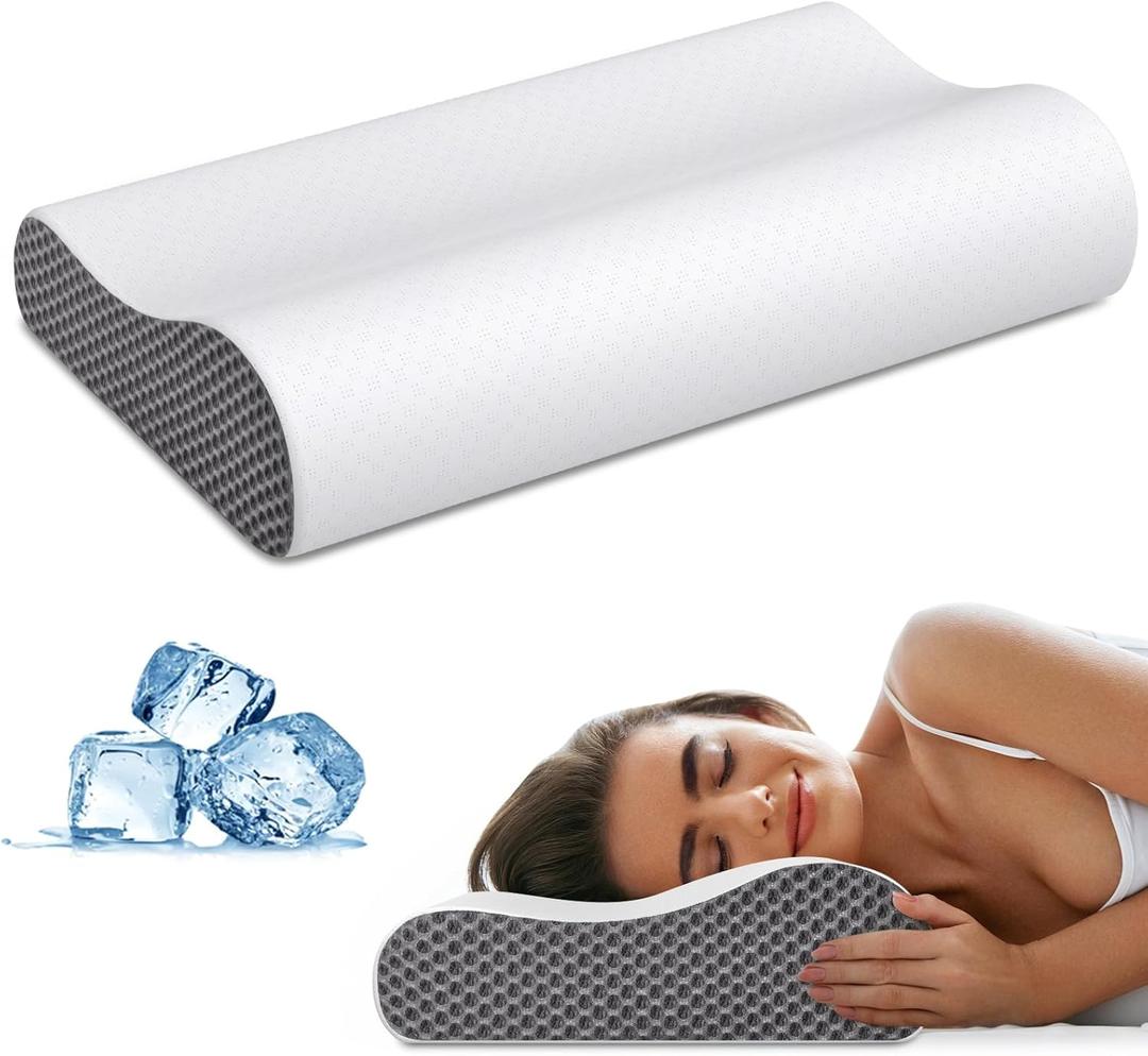 Cervical Neck Pillow for Pain Relief, Contour Memory Foam Pillows Ergonomic Pillow for Sleeping Bed Pillow Neck Support with Cooling Pillowcase Orthopedic Pillow for Side Back Sleepers (Light Grey)