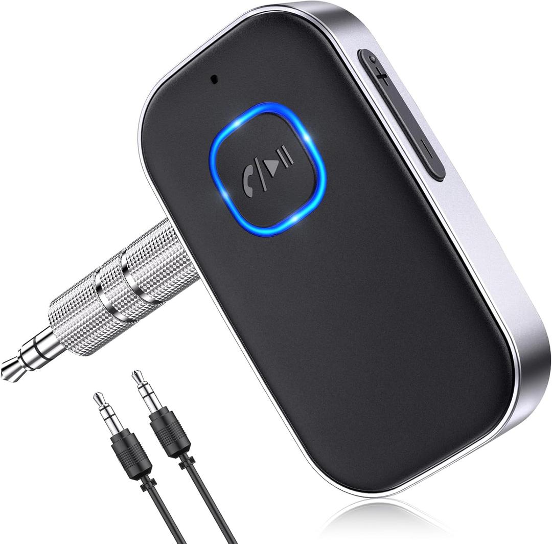 COMSOON Bluetooth Receiver for Car, Noise Cancelling 3.5mm AUX Bluetooth Car Adapter, Wireless Audio Receiver for Home Stereo/Wired Headphones, Hands-Free Call, 16H Battery Life - Black/Silver