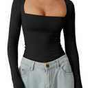 Women's Square Neck T Shirt Slim Fit Long Sleeve Going Out Tops Stretchy Basic Tees Black S