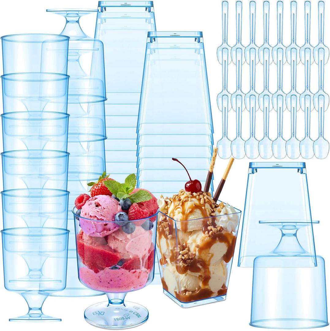 100 Pcs Dessert Cups with Spoons Mini Clear Plastic Dessert Parfait Cup Round Goblet Square Glasses Plastic Spoons for Fruit Ice Cream Cake Wedding Bridal Shower Party Supplies (Blue)