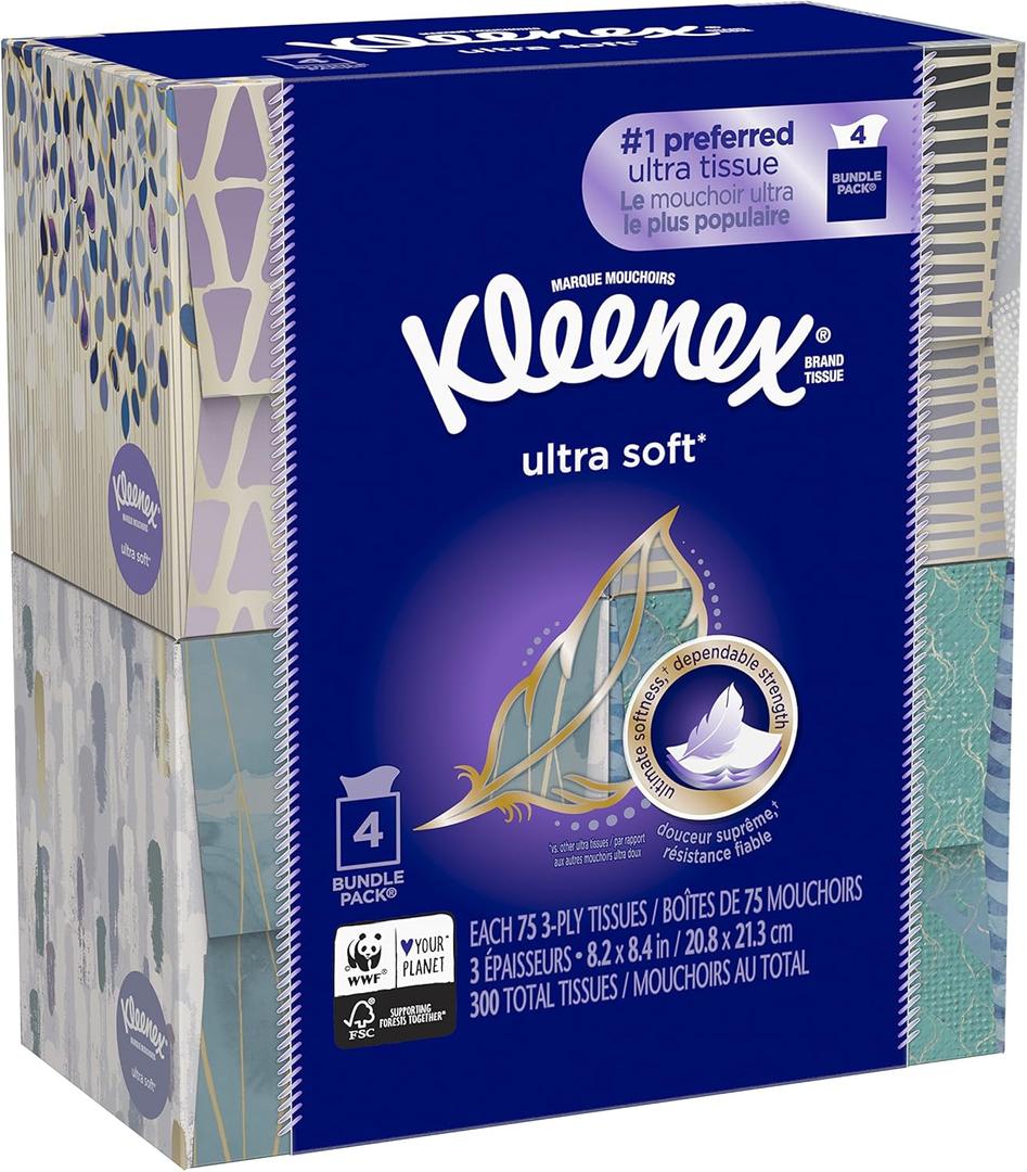 KLEENEX Ultra Soft Facial Tissue, 3-Ply, White, 8.2 inch x 8.4 inch, 75/Box, 4 Box/Pack - Packaging May Vary (Assorted color and style boxes),Pack of 4