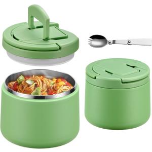 14oz Insulated Vacuum Food Jar with Buckle Lid,Soup Thermo for Hot Food Kids,Wide Mouth Leakproof Stainless Steel Lunch Container with Spoon-Green