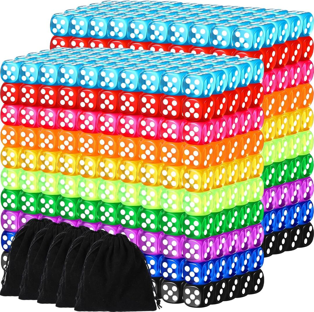 Syhood 1000 Pcs 14mm Colored Dice Bulk 6 Sided Dice Set with 5 Pieces Drawstring Pouches Standard Playing Dices for Teaching Math Learning Board Dices Playing, 10 Color